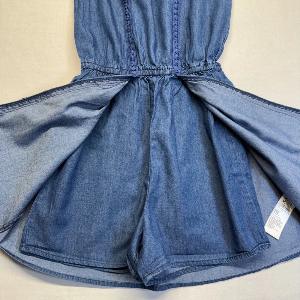 Justice Girls Size 7 Chambray Romper Dress Blue Skort Lace Trim Sleeveless Cute